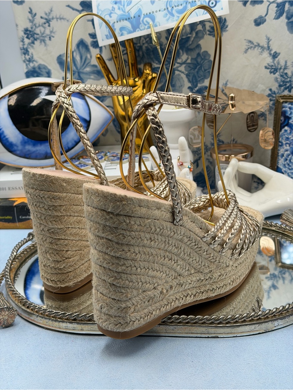 🆕 LOEFFLER RANDALL 🧿 NWOB Pamela Mignon Pale Gold Metallic Leather Wedge, Sz 7 - Picture 11 of 13